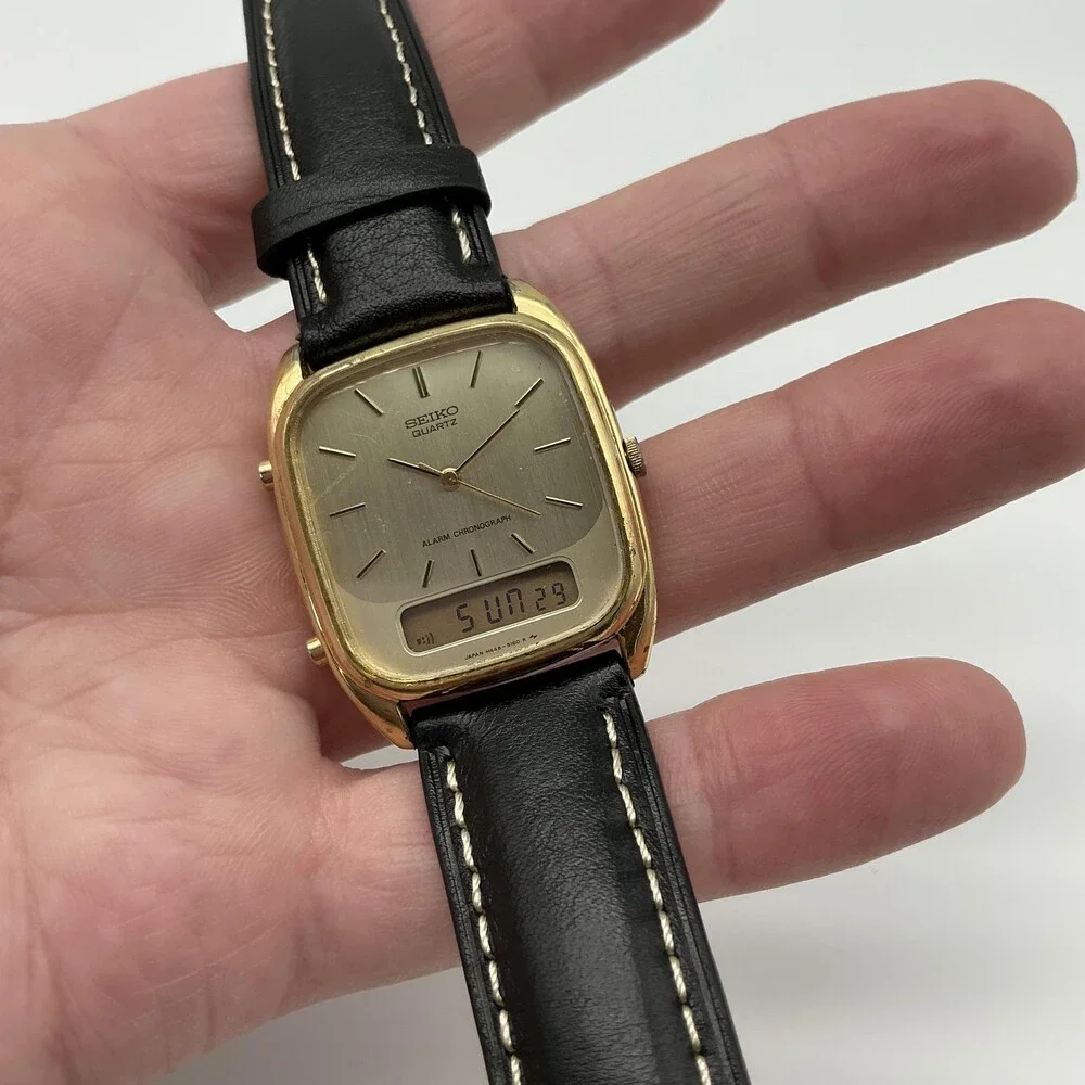 Vintage Seiko H449-5109 Mens Watch 28mm Alarm Chronograph Gold Tone New Battery